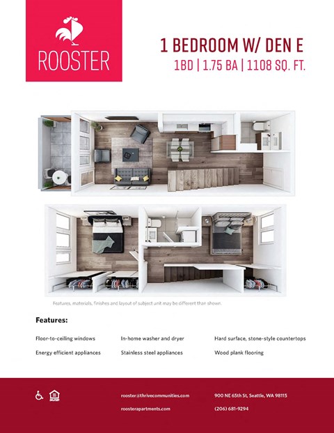 Floor plan for 2 beds, 1.8 baths, 1108 sqft